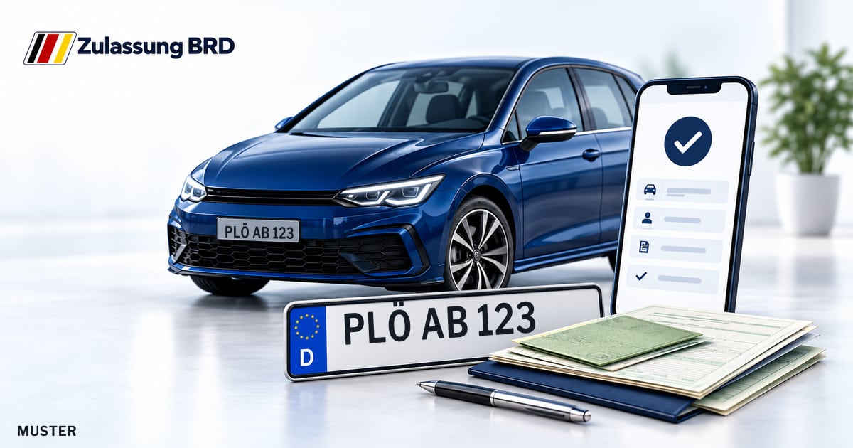 Online Fahrzeugzulassung in Landkreis Plön: Musterkennzeichen PLÖ AB 123, Auto und Fahrzeugpapiere und Smartphone. Illustration mit Logo von Zulassung BRD.